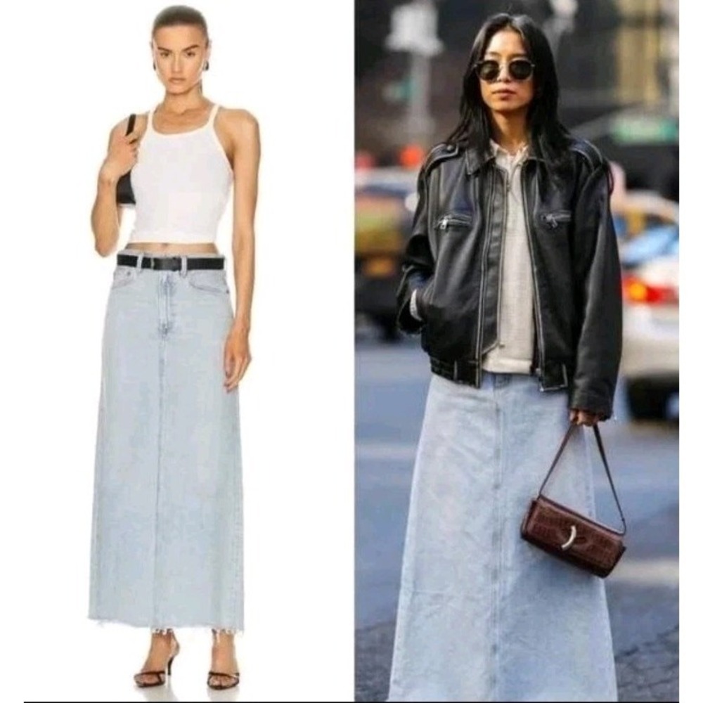 Agolde Hilla Womens Size 27 Denim Maxi‎ Skirt Light Wash Raw Hem